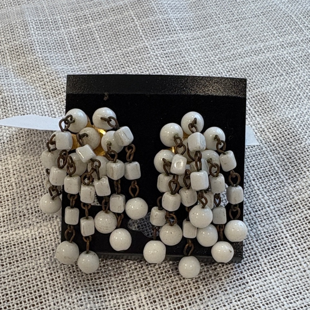 Vintage White Beaded Dangle Screw Back Earrings